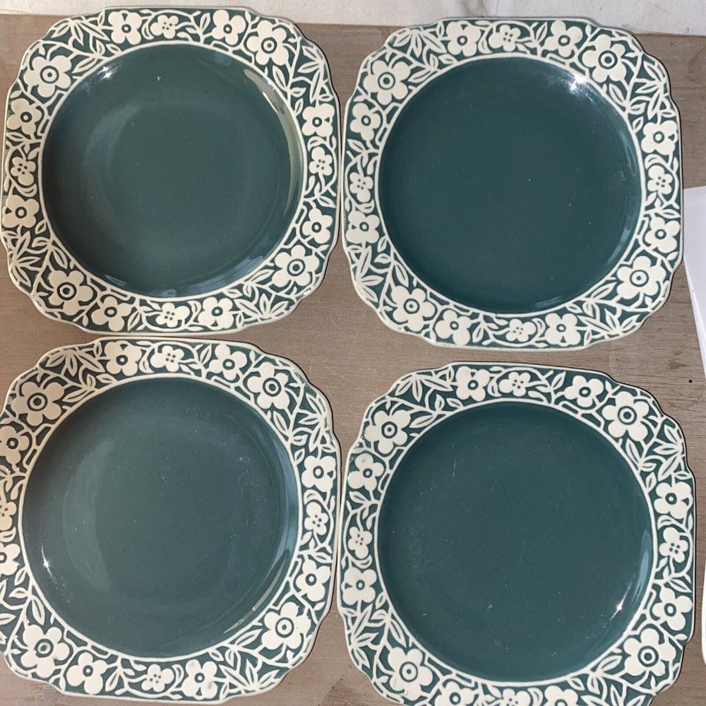 Vintage Harker Pottery Floral Band Teal Green Bread Butter Plate Pate sur Pate 5